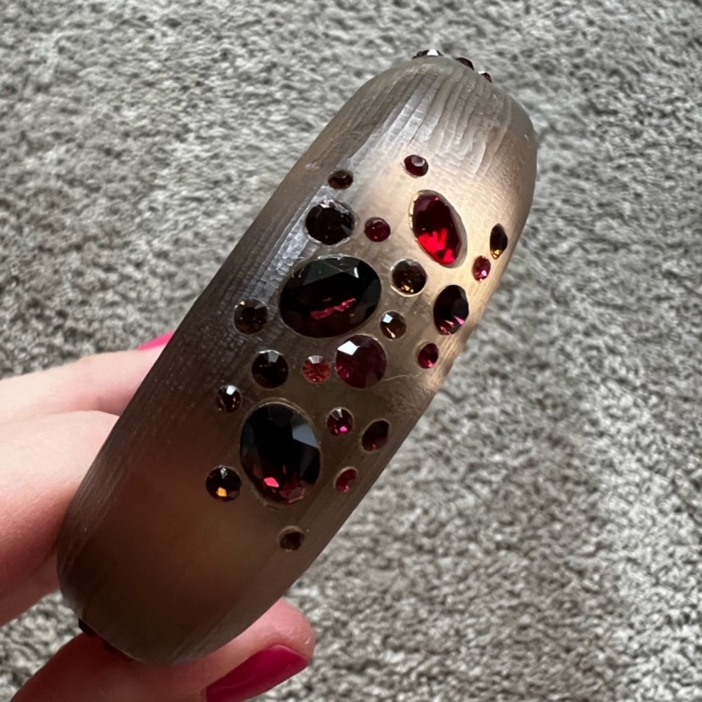 Alexis Bittar Mocha Lucite Bangle Bracelet with Red Crystals. Like new!